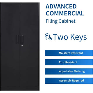 Metal Storage Cabinet-71” Tall Steel File Cabinets with Lockable Doors and Adjustable Shelves-Black Steel Storage Cabinet for Ho