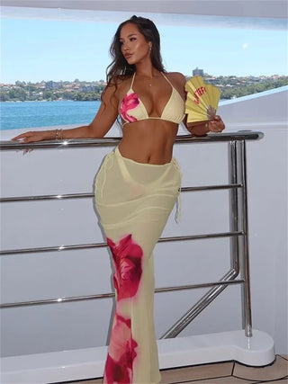 Leosoxs Beach Style Women 3Piece Set Mini Lace-Up Bra+Frenulum Swimming Trunks+See Through long Skirts clubwear Vacation Suit