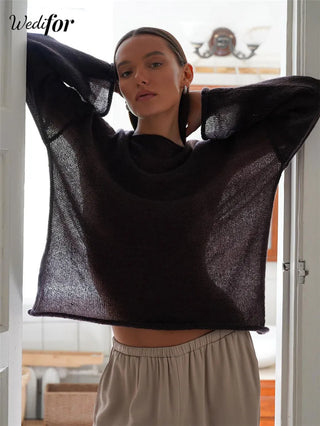 Wedifor Long Sleeve O Neck Knitted Shirt New Fashion Sexy See Through Loose Casual Smock Tops 2024 Autumn Solid Women Clothes
