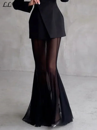 Street Solid Suit Jacket Skirt Set Women Slim One Button Blazer See Through Pleated Fishtail Skirts 2025 Spring Lady Party Suit