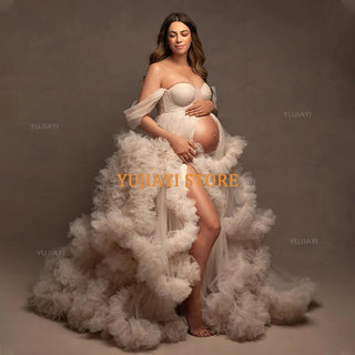 Luxury Maternity Dresses for Photoshoot Tulle Robe Off Shoulder Wedding Bridal Sleepwear Nightwear Front Split BabyShower Gown