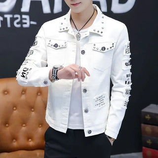 Men's Denim Jacket Short Rivet Casual Slim White Male Jean Coats Korea Lxury Washed in Lowest Price Size L of Fabric Rock Joker