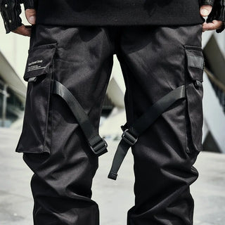Men Tactical Joggers Pants Multi-pocket Elastic Waist Harem Pants Men Hip Hop Streetwear Ribbons Design Functional Cargo Trouser