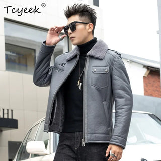 Tcyeek Real Sheepskin Fur CoatsMotocycle Jacket Genuine Leather Man Jackets Natural Fur Coat Men Winter Clothes Куртка Мужская
