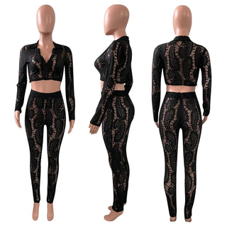 Black Lace See Through Mesh Two Piece Set Women Festival Clothing Rave Crop Top and Leggings Sexy Outfits for Woman Night Club