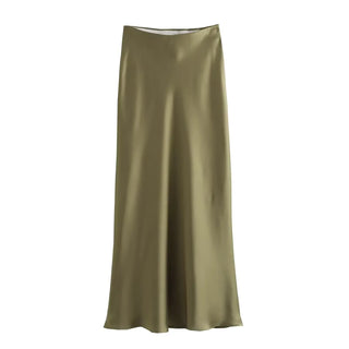 TRAFZA 2024 Y2K Casual Women Long Skirt Spring Elastic High Waisted A-Line Casual Female Satin Skirts High Street Lady Skirts