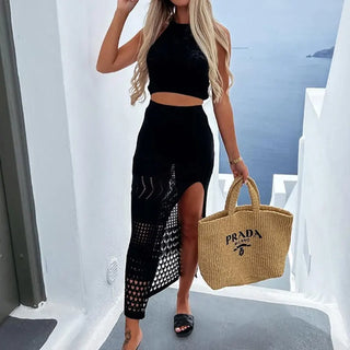 Women Swimsuit Cover Up Beach Tunic Dress Robe Beachwear High Split Sheer Bikini Cover-ups 2 Pieces Set Knitting Dresses