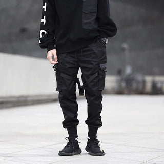 Men Tactical Joggers Pants Multi-pocket Elastic Waist Harem Pants Men Hip Hop Streetwear Ribbons Design Functional Cargo Trouser