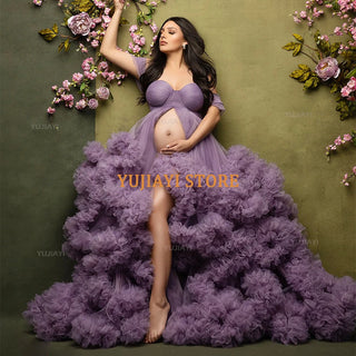 Luxury Maternity Dresses for Photoshoot Tulle Robe Off Shoulder Wedding Bridal Sleepwear Nightwear Front Split BabyShower Gown