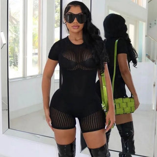 Vaqua Women See Through Rompers One Piece Playsuit Summer Short Sleeve Skinny Elastic Fitness Sport Bodycon Slim Clubwear