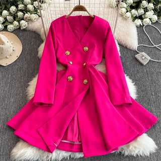 Formal Autumn Winter Double Breasted Long Sleeve Short Blazer Dress Women Suit Coats Office Lady A Line Pleated Quality Vestidos