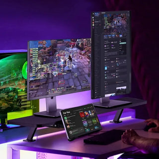 Clamp Desk Shelf Dual 32" Monitor Clamp-On Monitor Riser with Slide-Out Holder for Convertible Laptop Tablet Smartphone (Black)