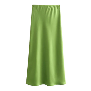 TRAFZA 2024 Y2K Casual Women Long Skirt Spring Elastic High Waisted A-Line Casual Female Satin Skirts High Street Lady Skirts