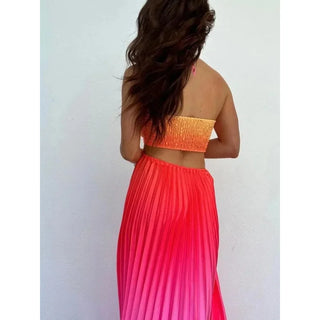 Bonny Summer Gradient Halter Pleated Women Maxi Dresses 2024 Sexy Off Shoulder Backless Wrap Chest Sundress Beach Vacation Robes