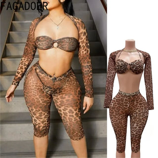 FAGADOER Leopard Print Sexy 3 piece sets women outfit Night Club streetwear Mesh see through Crop Tops + Bra + shorts suits new