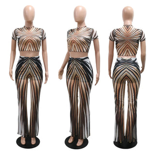 Stripe Printed See Through Sexy Women 2 Piece Set 2025 Summer Shorts Sleeve Crop Tops Flare Pants Matching Club Outfits