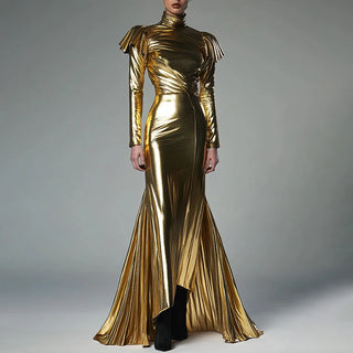 Gold Turtleneck Maxi Dress Office Ladies Long Sleeve Evening Dress Spring and Autumn Ladies High Waist Party Dress