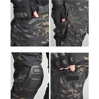 Summer Tactical Sets Men Breathable Short Sleeve Tshirts+Outdoor Multi-pocket Cargo Pants 2 Pcs Suits Black Camo Training Set
