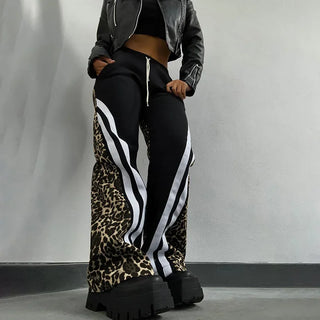 Weird Puss Side Stripe Women Flare Pants Autumn Hipster Leopard Patchwork Pocket Casual Wild Basic Street Sweatpants Trousers
