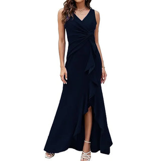 Elegant V-Neck Party Maxi Dress Women Fashion Sleeveless Ruffle Split Gown Prom Dress Ladies Slim Fit Tie Up Bodycon Gala Dress