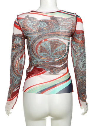 Women Weird Puss Colorful Print Crop Tops See Through 2025 Spring Full Sleeve Stretch Wild Basic Streetwear Hipster Skinny Tops