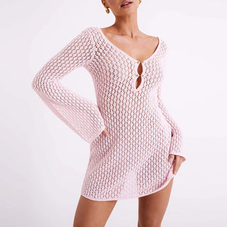 Women Knit Beach Dress Bikini Cover-up Long Sleeve V Neck Backless Hollowed Solid Crochet Tunic Mini Dress Female Clubwear
