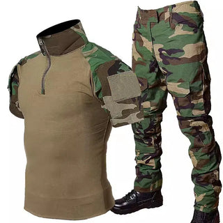 Summer Tactical Sets Men Breathable Short Sleeve Tshirts+Outdoor Multi-pocket Cargo Pants 2 Pcs Suits Black Camo Training Set