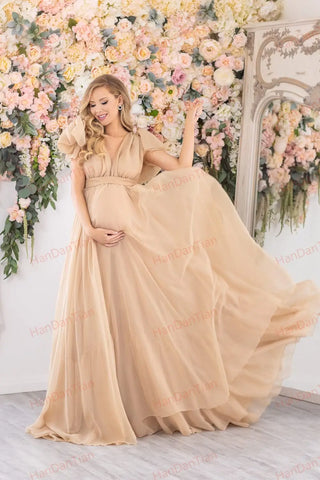 Maternity Chiffon V-Neck Dress Robe Sheer Puffy Gown for Pregnancy Baby Shower Photoshoot - Pregnancy Sheer Gown