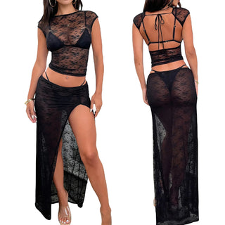 Combhasaki Women's Boho 2Piece Lace See-through Cover Ups Set Sheer Cap Sleeve Backless Crop Tops+Low Waist High Slit Long Skirt