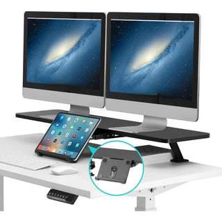 Clamp Desk Shelf Dual 32" Monitor Clamp-On Monitor Riser with Slide-Out Holder for Convertible Laptop Tablet Smartphone (Black)