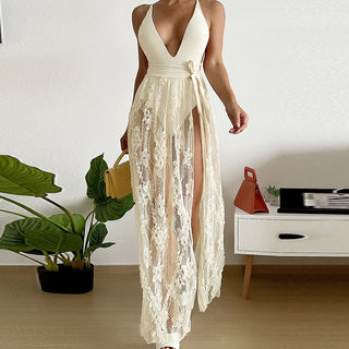 Women Deep V Neck Backless Bandage Cross One Piece Swimsuit Lady Beach Swim Sexy Lace Transparent Skirts & Bodysuit Bikini Set