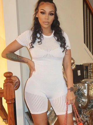 Vaqua Women See Through Rompers One Piece Playsuit Summer Short Sleeve Skinny Elastic Fitness Sport Bodycon Slim Clubwear