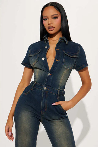 Demin Overalls Jumpsuits Women One Piece Mom Jeans Long Pants Short Sleeve High Waist Rompers Y2k Streetwear Casual Party