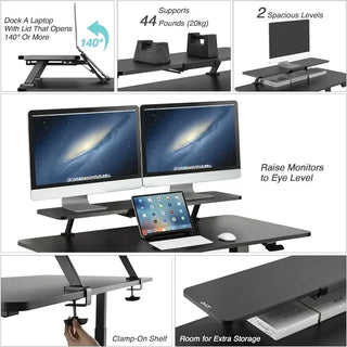 Clamp Desk Shelf Dual 32" Monitor Clamp-On Monitor Riser with Slide-Out Holder for Convertible Laptop Tablet Smartphone (Black)