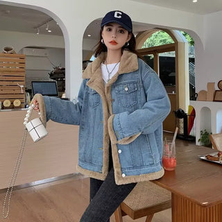 Winter Female Fur Jacket New 2023 Korean Fashion Women Bomber Jacket Wool Lining denim jacket for women Warm Jeans Coat Female
